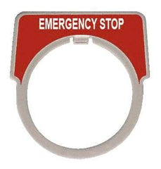 Square D - Round, Aluminum Legend Plate - Emergency Stop - Red Background, White Letters, 1.18 Inch Hole Diameter - Makers Industrial Supply