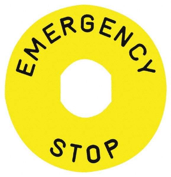 Square D - Round, Legend Plate - Emergency Stop - Yellow Background, White Letters, 90mm Wide x 90mm Overall Diameter - Makers Industrial Supply