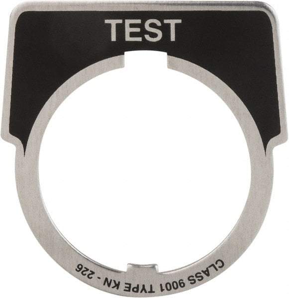 Square D - Metal Legend Plate - Test - Black Background, White Letters, 30mm Hole Diameter - Makers Industrial Supply