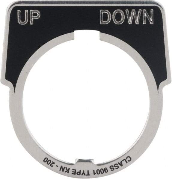 Square D - Metal Legend Plate - Up-Down - Black Background, White Letters, 30mm Hole Diameter - Makers Industrial Supply