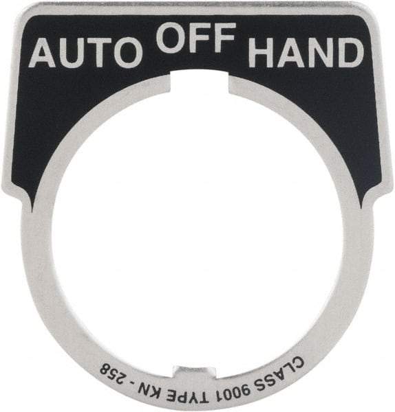 Square D - Metal Legend Plate - Auto-Off-Hand - Black Background, White Letters, 30mm Hole Diameter - Makers Industrial Supply