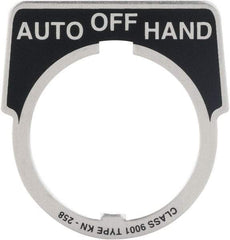 Square D - Metal Legend Plate - Auto-Off-Hand - Black Background, White Letters, 30mm Hole Diameter - Makers Industrial Supply