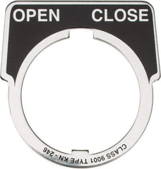 Square D - Half Round, Aluminum Legend Plate - Open-Close - Black Background, White Letters, 1.18 Inch Hole Diameter - Makers Industrial Supply