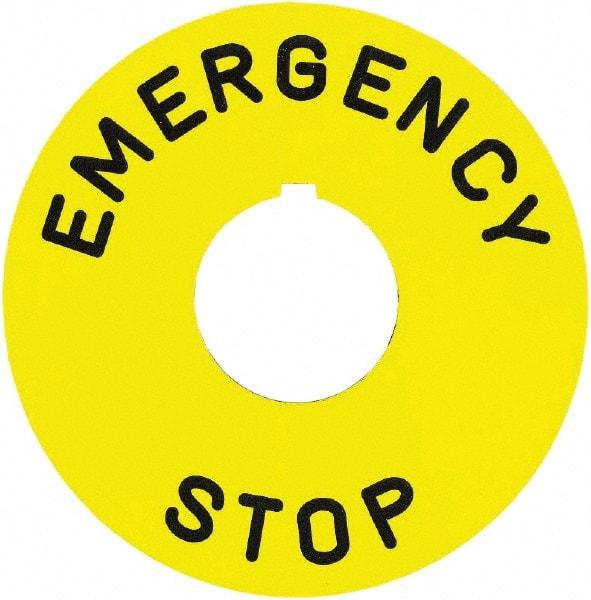 Square D - Round, Plastic Legend Plate - Emergency Stop - Yellow Background, Black Letters, 30mm Hole Diameter, 90mm Overall Diameter - Makers Industrial Supply