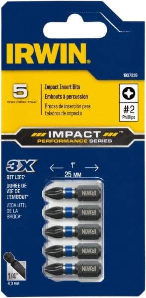 Irwin - #2, Insert Phillips Screwdriver Bit - 1/4" Drive, 1" OAL - Makers Industrial Supply