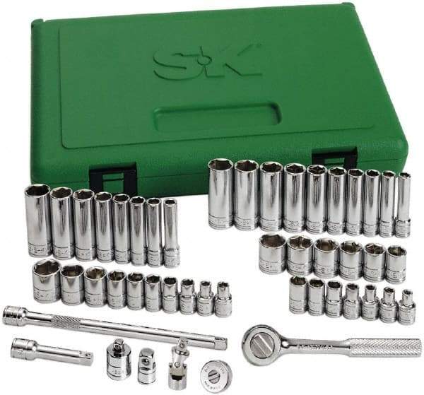 SK - 48 Piece 1/4" Drive Standard Deep Socket Set - 6 Points, 3/16 to 9/16", 4 to 15mm, Inch/Metric Measurement Standard - Makers Industrial Supply