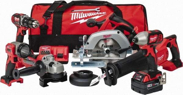 Milwaukee Tool - 18 Volt Cordless Tool Combination Kit - Includes 1/2" Hammer Drill Driver, 1/4" Impact Driver, 1-Hour Charger, Circular Saw, Contractor Bag, Cut-Off Grinder, Reciprocating Saw, Sawzall Blade & Work Light, Lithium-Ion Battery Included - Makers Industrial Supply