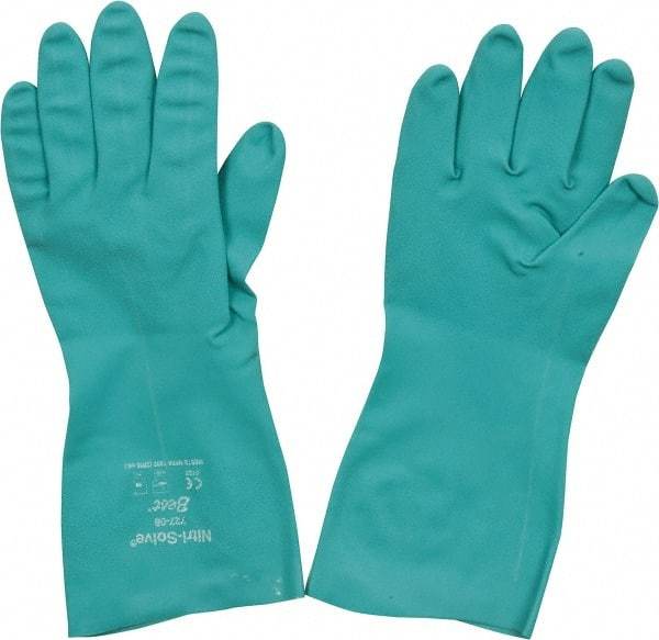 SHOWA - Size M (8), 13" Long, 15 mil Thick, Nitrile Chemical Resistant Gloves - Textured Finish, Slip-On Cuff, ANSI Abrasion Level 4, ANSI Cut Level 0, ANSI Puncture Level 1, Green, FDA Approved - Makers Industrial Supply