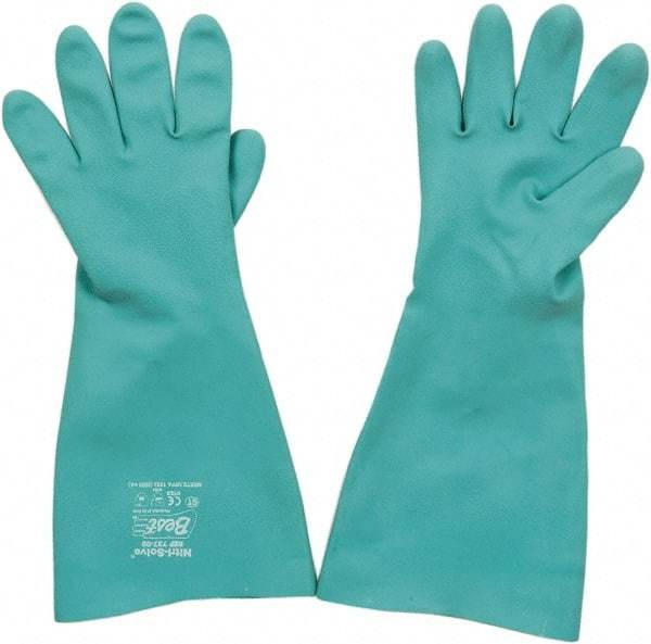 SHOWA - Size L (9), 15" Long, 22 mil Thick, Nitrile Chemical Resistant Gloves - Textured Finish, Slip-On Cuff, ANSI Abrasion Level 4, ANSI Cut Level 0, ANSI Puncture Level 1, Green, FDA Approved - Makers Industrial Supply