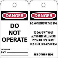 NMC - 3" High x 6" Long, DANGER \x96 DO NOT OPERATE, English Safety & Facility Accident Prevention Tag - Tag Header: Danger, 2 Sides, White Poly - Makers Industrial Supply