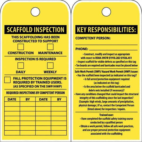 NMC - 3" High x 6" Long, SCAFFOLD INSPECTION, English Safety & Facility Inspection Tag - Tag Header: Notice, 2 Sides, Yellow Poly - Makers Industrial Supply