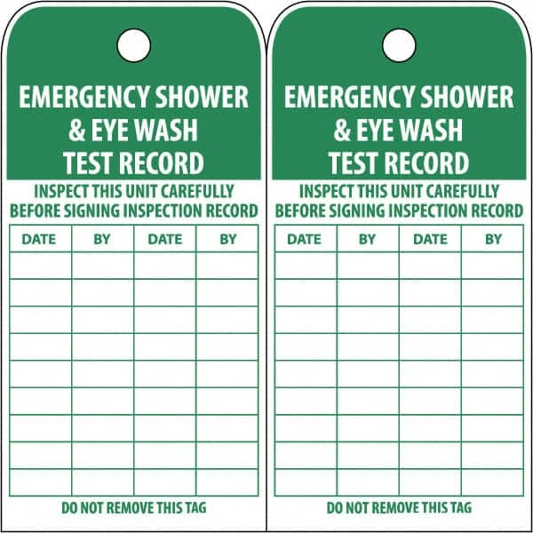 NMC - 3" High x 6" Long, EMERGENCY SHOWER & EYE WASH TEST RECORD, English Safety & Facility Accident Prevention Tag - Tag Header: Danger, 2 Sides, White Poly - Makers Industrial Supply