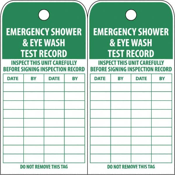 NMC - 3" High x 6" Long, EMERGENCY SHOWER & EYE WASH TEST RECORD, English Safety & Facility Accident Prevention Tag - Tag Header: Danger, 2 Sides, White Poly - Makers Industrial Supply