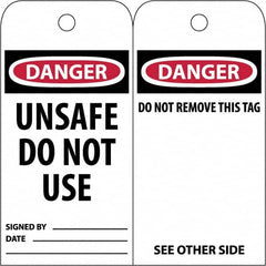 NMC - 3" High x 6" Long, DANGER \x96 UNSAFE DO NOT USE, English Safety & Facility Accident Prevention Tag - Tag Header: Danger, 2 Sides, White Poly - Makers Industrial Supply