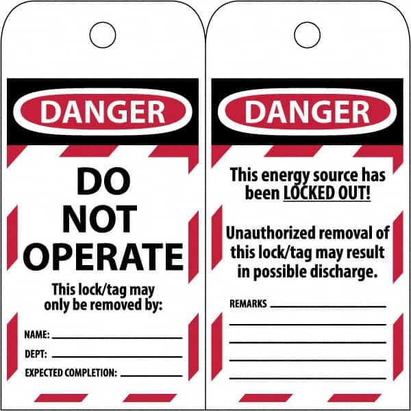 NMC - 3" High x 6" Long, DANGER \x96 DO NOT OPERATE, English Safety & Facility Lockout Tag - Tag Header: Danger, 2 Sides, Black & Red Poly - Makers Industrial Supply