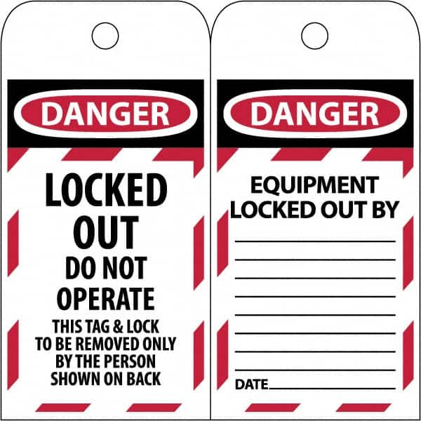 NMC - 3" High x 6" Long, LOCKED OUT - DO NOT OPERATE, English Safety & Facility Lockout Tag - Tag Header: Danger, 2 Sides, Black & Red Poly - Makers Industrial Supply