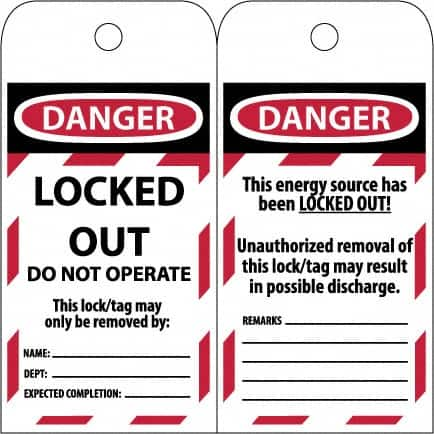 NMC - 3" High x 6" Long, LOCKED OUT - DO NOT OPERATE, English Safety & Facility Lockout Tag - Tag Header: Danger, 2 Sides, Black & Red Poly - Makers Industrial Supply