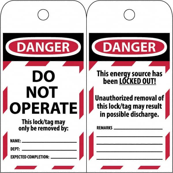 NMC - 3" High x 6" Long, LOCKED OUT - DO NOT OPERATE, English Safety & Facility Lockout Tag - Tag Header: Danger, 2 Sides, Black & Red Poly - Makers Industrial Supply