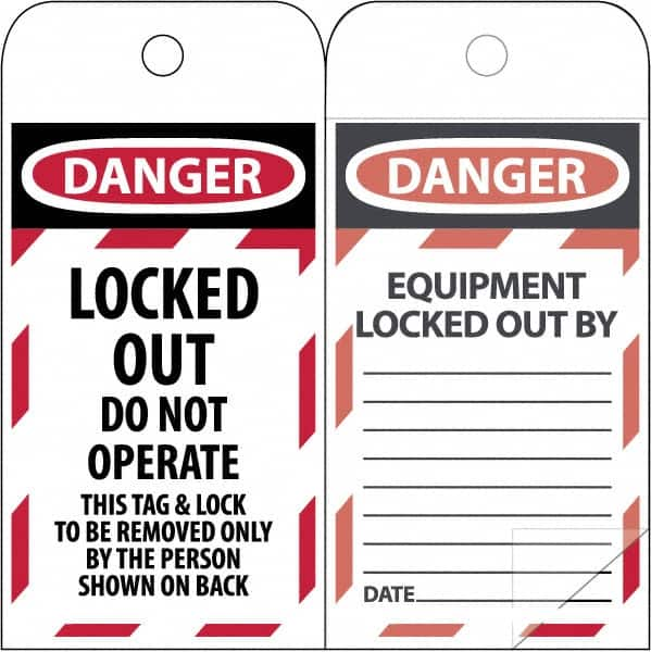 NMC - 3" High x 6" Long, LOCKED OUT - DO NOT OPERATE, English Safety & Facility Lockout Tag - Tag Header: Danger, 2 Sides, Black & Red Poly - Makers Industrial Supply