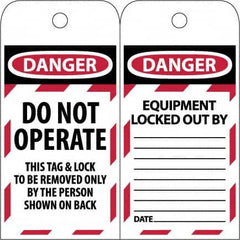 NMC - 3" High x 6" Long, DANGER - DO NOT OPERATE - EQUIPMENT LOCK-OUT - THIS TAG & LOCK TO BE REMOVED ONLY BY THE PERSON SHOWN ON BACK, English Safety & Facility Lockout Tag - Tag Header: Danger, 2 Sides, Black & Red Poly - Makers Industrial Supply