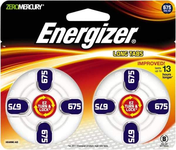 Energizer - Size 675, Zinc Air, 1 Pack, Hearing Aid Battery - 1.4 Volts, Button Tab Terminal, PR44 - Makers Industrial Supply