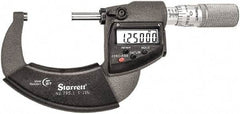 Starrett - 1 to 2" Range, Standard Throat IP67 Electronic Outside Micrometer - Friction Thimble, Carbide Face, CR2032 Battery - Makers Industrial Supply