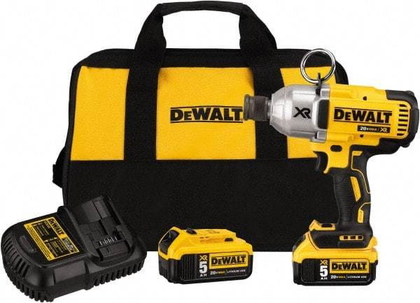 DeWALT - 7/16" Drive 20 Volt Mid-Handle Cordless Impact Wrench & Ratchet - 400/900/1,200 RPM, 0 to 2,400 BPM, 500 Ft/Lb Torque, 2 Lithium-Ion Batteries Included - Makers Industrial Supply