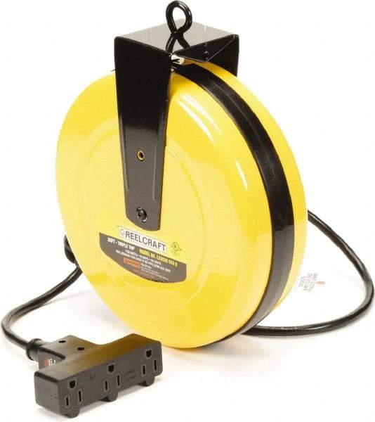 Reelcraft - 16 AWG, 30' Cable Length, Cord & Cable Reel with Outlet End - 3 Outlets, NEMA 5-15R, 10 Amps, 125 Volts, SJTW Cable, Yellow Reel, Spring Driven Reel - Makers Industrial Supply