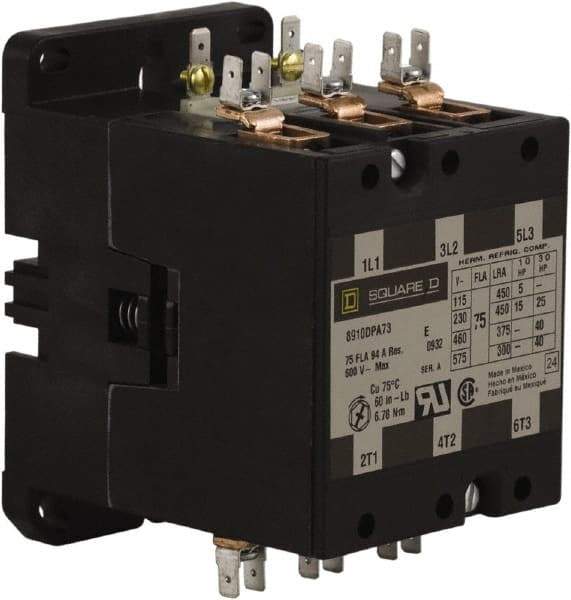 Square D - 3 Pole, 75 Amp Inductive Load, 24 Coil VAC at 50/60 Hz, Definite Purpose Contactor - Phase 1 and Phase 3 Hp:  15 at 230 VAC, 25 at 230 VAC, 40 at 460 VAC, 40 at 575 VAC, 5 at 115 VAC, 94 Amp Resistive Rating, CE, CSA, UL Listed - Makers Industrial Supply