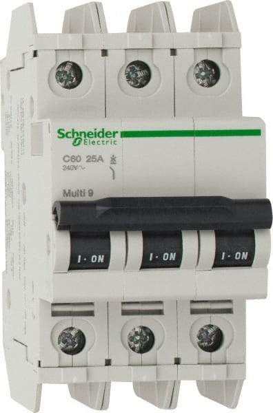 Schneider Electric - 25 Amp, 125 VDC, 240 VAC, 60 VDC, 3 Pole, DIN Rail Mount, Fixed Mount Miniature Circuit Breaker - Thermal Magnetic Trip, Multiple Breaking Capacity Ratings, 73mm Deep x 107mm High x 54mm Wide - Makers Industrial Supply