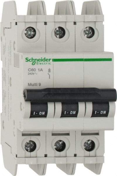 Schneider Electric - 1 Amp, 125 VDC, 240 VAC, 60 VDC, 3 Pole, DIN Rail Mount, Fixed Mount Miniature Circuit Breaker - Thermal Magnetic Trip, Multiple Breaking Capacity Ratings, 73mm Deep x 107mm High x 54mm Wide - Makers Industrial Supply