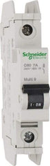 Schneider Electric - 7 Amp, 125 VDC, 240 VAC, 60 VDC, 1 Pole, DIN Rail Mount, Fixed Mount Miniature Circuit Breaker - Thermal Magnetic Trip, Multiple Breaking Capacity Ratings, 73mm Deep x 107mm High x 18mm Wide - Makers Industrial Supply