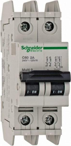 Schneider Electric - 2 Amp, 125 VDC, 240 VAC, 60 VDC, 1 Pole, DIN Rail Mount, Fixed Mount Miniature Circuit Breaker - Thermal Magnetic Trip, Multiple Breaking Capacity Ratings, 73mm Deep x 107mm High x 36mm Wide - Makers Industrial Supply