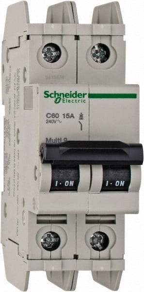 Schneider Electric - 15 Amp, 125 VDC, 240 VAC, 60 VDC, 1 Pole, DIN Rail Mount, Fixed Mount Miniature Circuit Breaker - Thermal Magnetic Trip, Multiple Breaking Capacity Ratings, 73mm Deep x 107mm High x 36mm Wide - Makers Industrial Supply