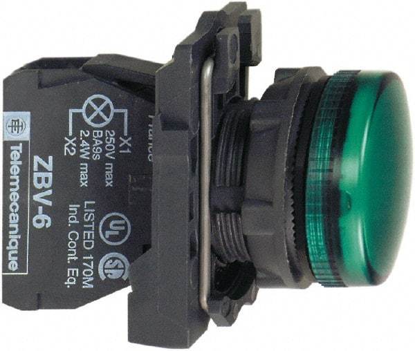 Schneider Electric - 250 V Green Lens LED Pilot Light - Round Lens, Screw Clamp Connector, 30mm Wide, Vibration Resistant, Water Resistant - Makers Industrial Supply