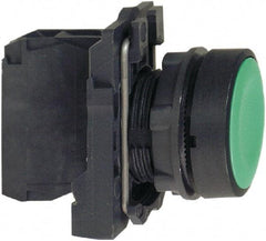 Schneider Electric - 22mm Mount Hole, Flush, Pushbutton Switch with Contact Block - Round, Green Pushbutton, Momentary (MO) - Makers Industrial Supply