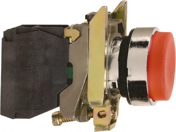 Schneider Electric - 22mm Mount Hole, Extended Straight, Pushbutton Switch with Contact Block - Round, Red Pushbutton, Momentary (MO) - Makers Industrial Supply