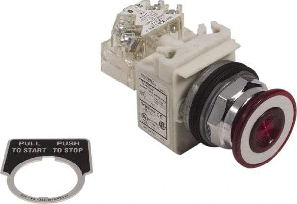 Schneider Electric - 30mm Mount Hole, Extended Straight, Pushbutton Switch with Contact Block - Red Pushbutton, Maintained (MA) - Makers Industrial Supply