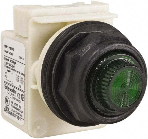 Schneider Electric - 120 V Green Lens Indicating Light - Round Lens, Screw Clamp Connector, Corrosion Resistant, Dust Resistant, Oil Resistant - Makers Industrial Supply