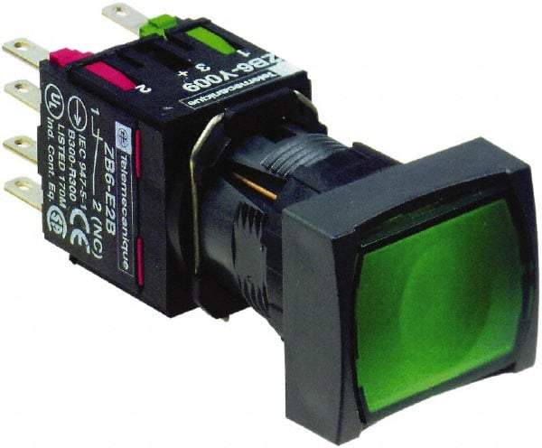 Schneider Electric - 16mm Mount Hole, Flush, Pushbutton Switch with Contact Block - Rectangle, Green Pushbutton, Illuminated, Momentary (MO) - Makers Industrial Supply