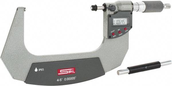 SPI - 4 to 5" Range, 0.00005" Resolution, Double Ratchet IP65 Electronic Outside Micrometer - 0.0002" Accuracy, Ratchet-Friction Thimble, Carbide Face, CR2032 Battery, Includes NIST Traceable Certification of Inspection - Makers Industrial Supply