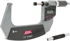 SPI - 3 to 4" Range, 0.00005" Resolution, Double Ratchet IP65 Electronic Outside Micrometer - 0.0002" Accuracy, Ratchet-Friction Thimble, Carbide Face, CR2032 Battery, Includes NIST Traceable Certification of Inspection - Makers Industrial Supply