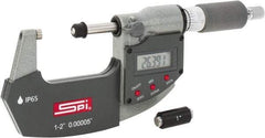 SPI - 1 to 2" Range, 0.00005" Resolution, Double Ratchet IP65 Electronic Outside Micrometer - 0.0002" Accuracy, Ratchet-Friction Thimble, Carbide Face, CR2032 Battery, Includes NIST Traceable Certification of Inspection - Makers Industrial Supply