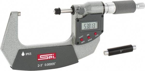 SPI - 2 to 3" Range, 0.00005" Resolution, Double Ratchet IP65 Electronic Outside Micrometer - 0.0002" Accuracy, Ratchet-Friction Thimble, Carbide Face, CR2032 Battery, Includes NIST Traceable Certification of Inspection - Makers Industrial Supply