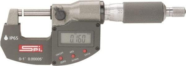 SPI - 0 to 1" Range, 0.00005" Resolution, Double Ratchet IP65 Electronic Outside Micrometer - 0.0001" Accuracy, Ratchet-Friction Thimble, Carbide Face, CR2032 Battery, Includes NIST Traceable Certification of Inspection - Makers Industrial Supply