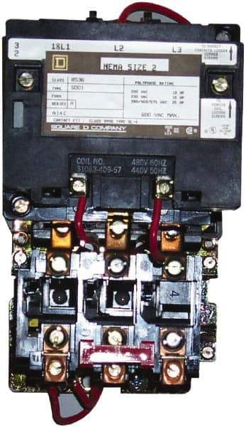 Square D - 220 Coil VAC at 50 Hz, 240 Coil VAC at 60 Hz, 45 Amp, NEMA Size 2, Nonreversible Open Enclosure NEMA Motor Starter - 3 Phase hp: 10 at 200 VAC, 15 at 230 VAC, 25 at 460 VAC, 25 at 575 VAC - Makers Industrial Supply