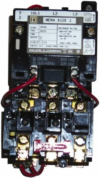 Square D - 208 Coil VAC at 60 Hz, 27 Amp, NEMA Size 1, Nonreversible Open Enclosure NEMA Motor Starter - 3 Phase hp: 10 at 460 VAC, 10 at 575 VAC, 7-1/2 at 200 VAC, 7-1/2 at 230 VAC - Makers Industrial Supply