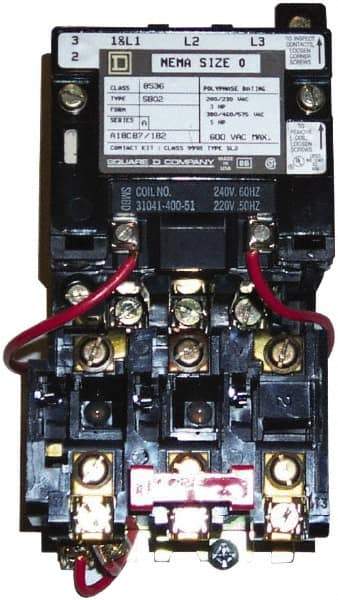 Square D - 220 Coil VAC at 50 Hz, 240 Coil VAC at 60 Hz, 18 Amp, Nonreversible Open Enclosure NEMA Motor Starter - 3 Phase hp: 3 at 200 VAC, 3 at 230 VAC, 5 at 460 VAC, 5 at 575 VAC - Makers Industrial Supply