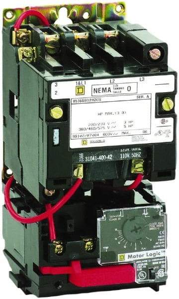 Square D - 110 Coil VAC at 50 Hz, 120 Coil VAC at 60 Hz, 9 Amp, Nonreversible Open Enclosure NEMA Motor Starter - 3 Phase hp: 1-1/2 at 200 VAC, 1-1/2 at 230 VAC, 2 at 460 VAC, 2 at 575 VAC - Makers Industrial Supply