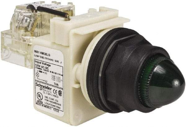 Schneider Electric - 120 V Green Lens LED Press-to-Test Indicating Light - Round Lens, Screw Clamp Connector, Corrosion Resistant, Dust Resistant, Oil Resistant - Makers Industrial Supply